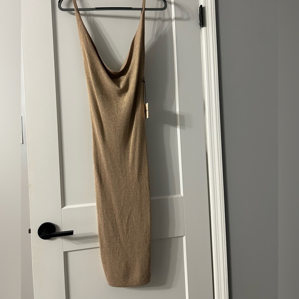 Gold midi cowl neck dress